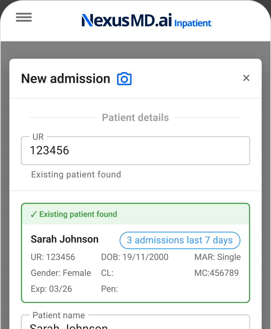 New admission — existing patient matched