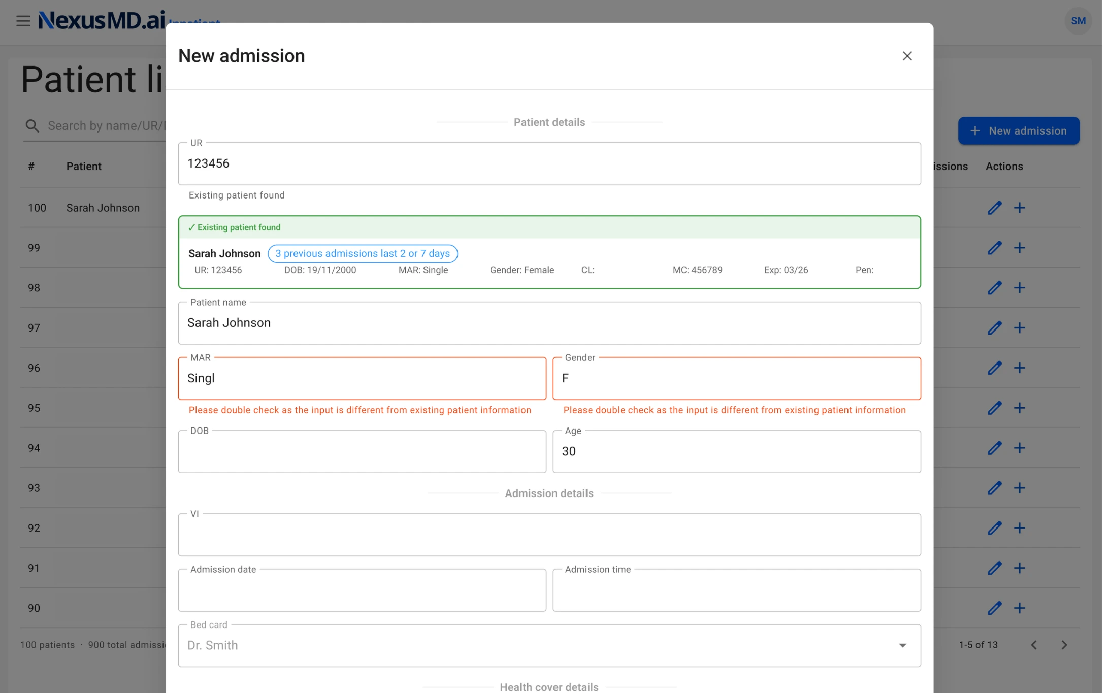 Desktop screenshot — New admission workflow