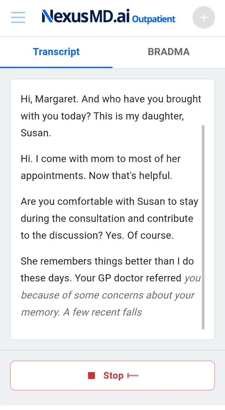 Mobile screenshot — live transcript