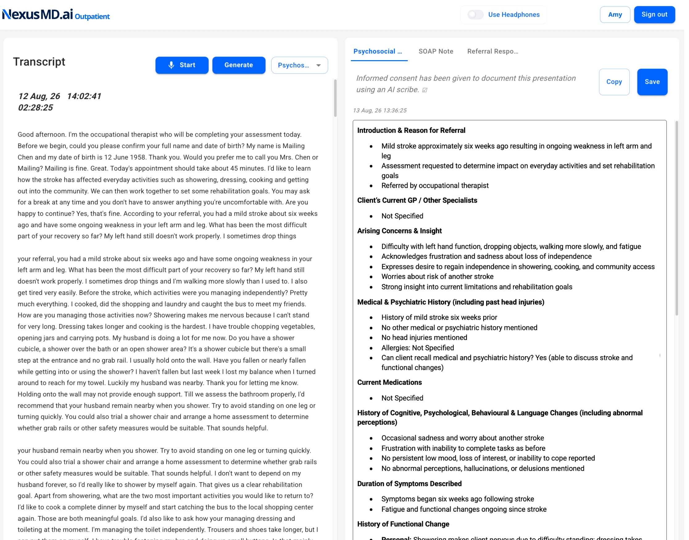Product screenshot — consultation note drafted in real time