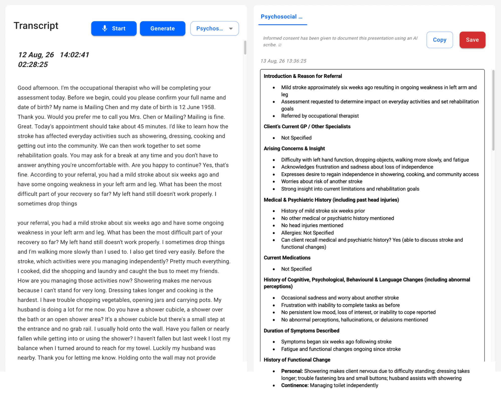 Clinician review interface — draft note with editing and approval workflow